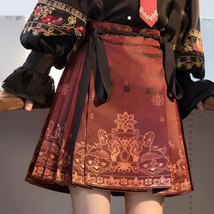 2024 New Fashion Chinese Style Retro Summer Printed Pleated Lace Up Women&