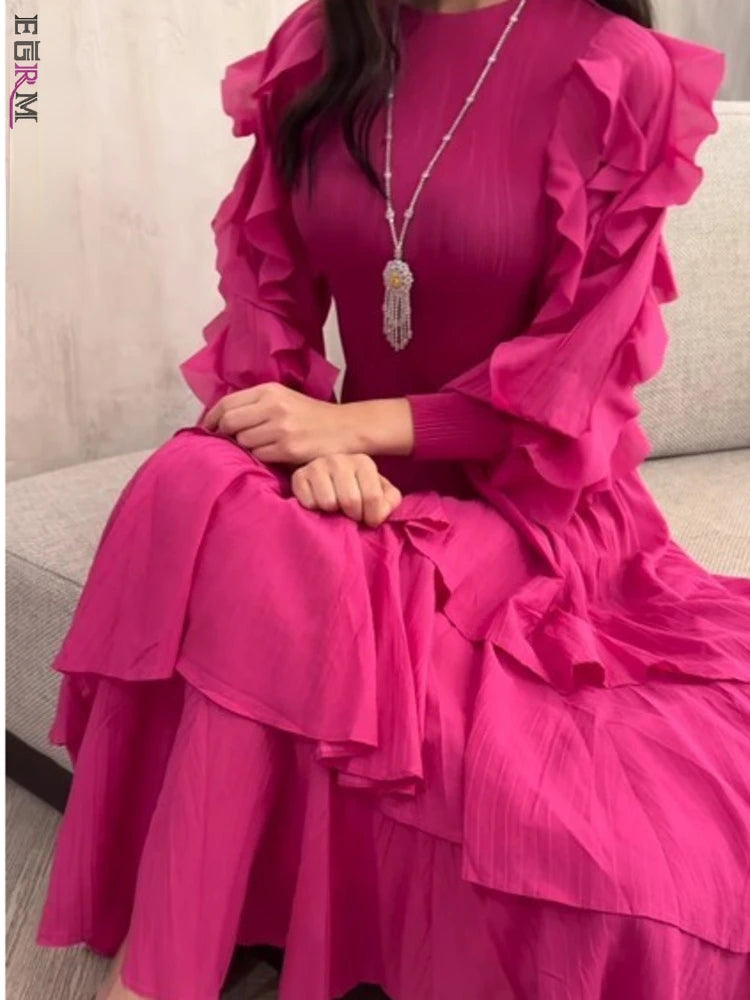 EGRM Ruffles Pleated Dress O-Neck Long Sleeves Fashion Solid Color High Waist Stitching Party Dresses for Women 2024 New 2RM1628