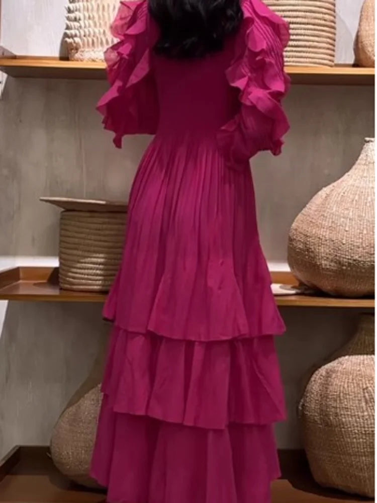 EGRM Ruffles Pleated Dress O-Neck Long Sleeves Fashion Solid Color High Waist Stitching Party Dresses for Women 2024 New 2RM1628