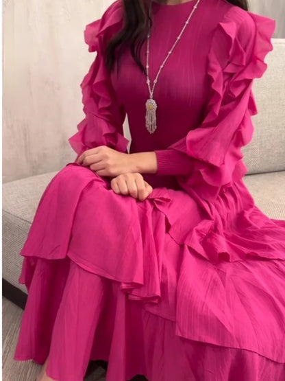 EGRM Ruffles Pleated Dress O-Neck Long Sleeves Fashion Solid Color High Waist Stitching Party Dresses for Women 2024 New 2RM1628