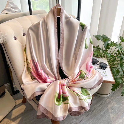 Fashion Korean Luxury Silk Scarf Elegant Lotus Pattern Chiffon Shawl Wrap Printing Soft Women Hijab Shawls Female