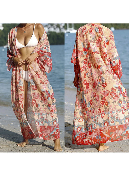 Floral Print Bikini Sexy Cover Up For Beach Long Kimonos Bikini Cover Up Robe de Plage Sarong Beach Swimsuit Cardigans Cover-ups