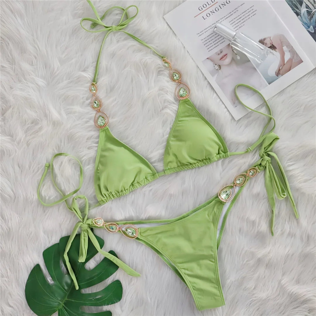 Sexy Diamond Rhinestones Scrunch Butt Bikini Women Swimwear Female Swimsuit Two-pieces Bikini set Bather Bathing Suit Swim V6149