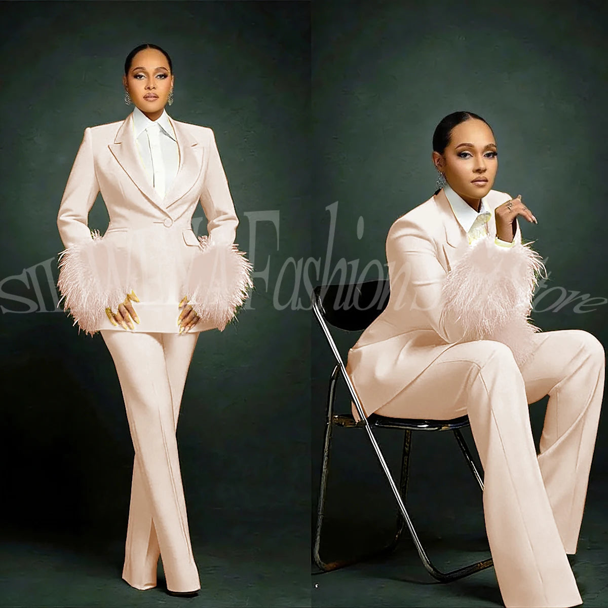 Fashion Chic Suits For Women Luxury Feather Applique Single Breasted 2 Pieces Female Suit (Blazer+Pants) Conjuntos De Pantalones