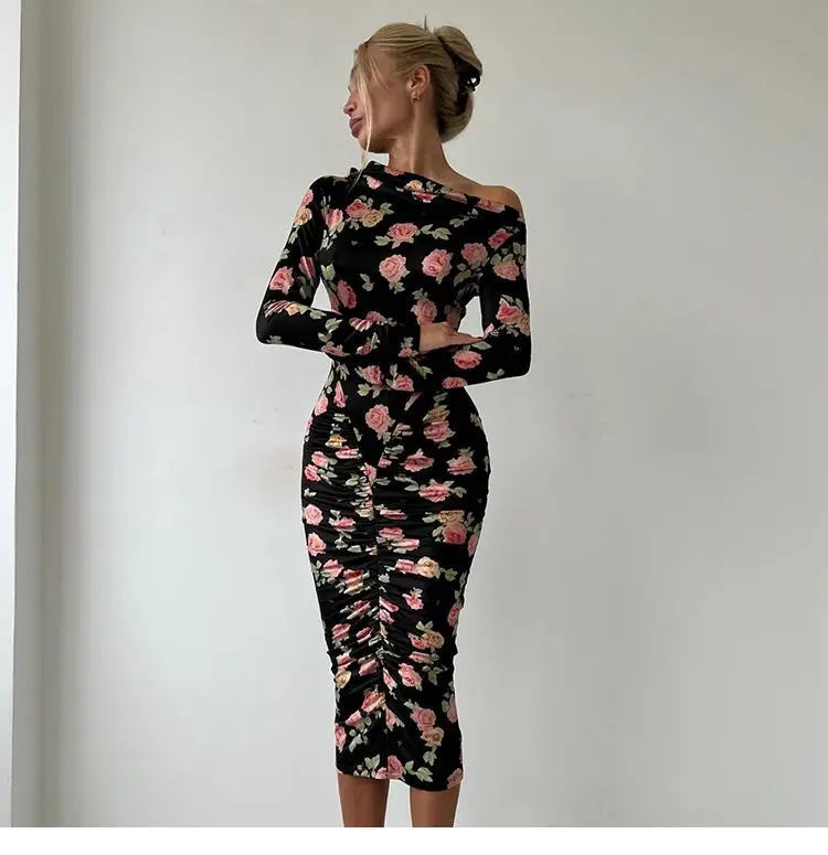 French Style Is Beautiful and Pure, Classical Artist Floral Pleated Slanted Shoulder Long-sleeved Dress Women&