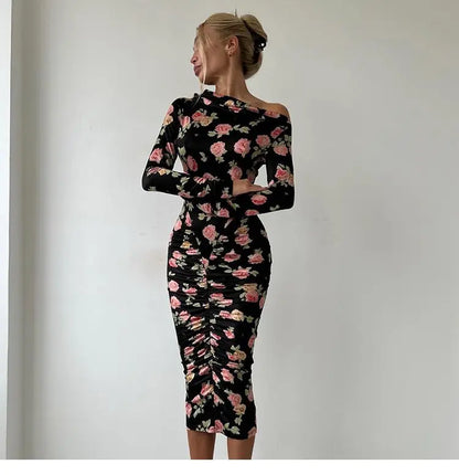 French Style Is Beautiful and Pure, Classical Artist Floral Pleated Slanted Shoulder Long-sleeved Dress Women&