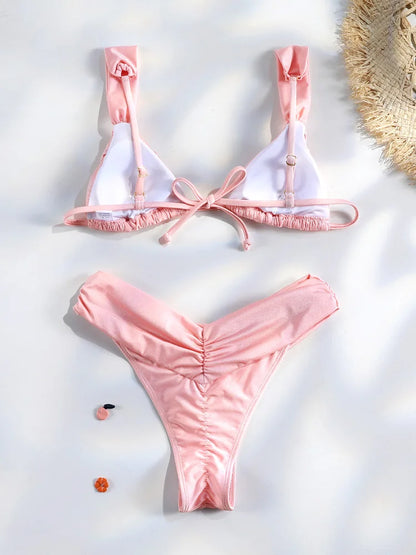 Miyouj Pleasted Bikinis Colaless Swimsuit Triangle Bikini Set Women Swimwear Halter Bathing Suits Bandage Beachwear Brazilian