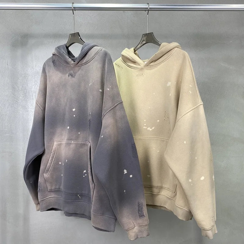 Street Wear Speckled Ink Rubbed Hooded Hoodies Fashion Sense Distressed Winter Coat Men&