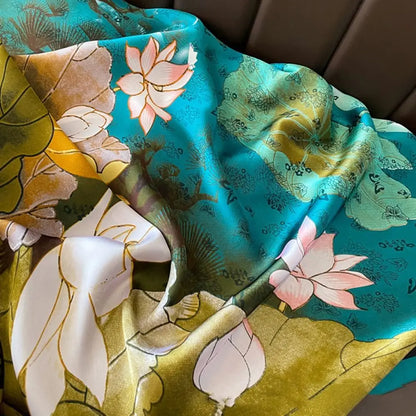 Fashion Korean Luxury Silk Scarf Elegant Lotus Pattern Chiffon Shawl Wrap Printing Soft Women Hijab Shawls Female