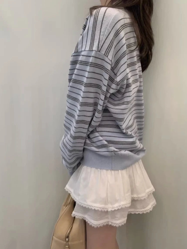 Knitted Blue Striped Long Sleeve T Shirts Women Vintage Turn Down Collar Tees 2026 Ropa Mujer Chic Korean Casual Loose Tshirt