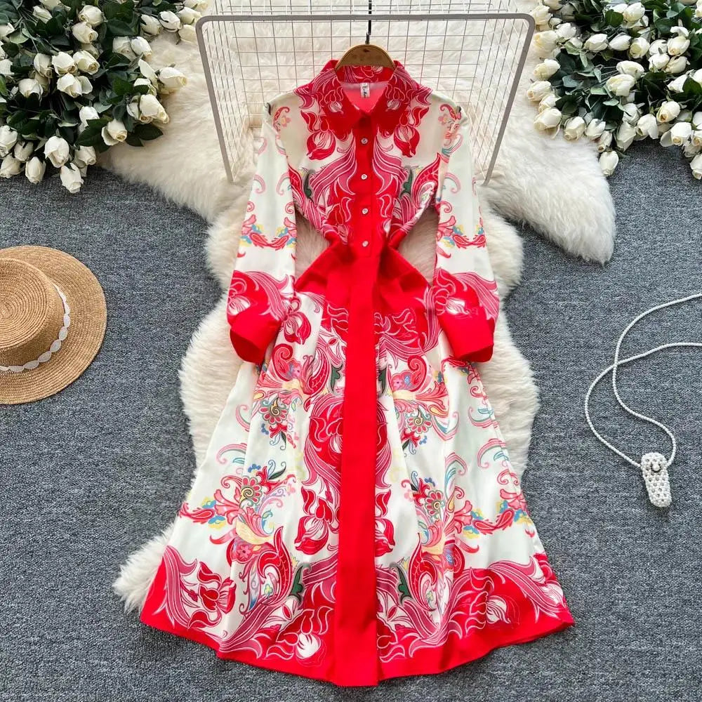 Fashion High-End Feeling Gown Dress Elegant European Court Style Long Printed Slimming New Women&