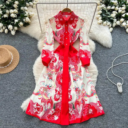 Fashion High-End Feeling Gown Dress Elegant European Court Style Long Printed Slimming New Women&