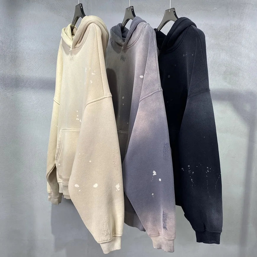 Street Wear Speckled Ink Rubbed Hooded Hoodies Fashion Sense Distressed Winter Coat Men&