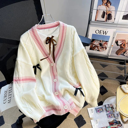 Pink Sweet Women Cardigan Korean Bow Knitted Long Sleeve Female Sweater Jk Preppy Style New Kawaii V Neck Ladies Casual Coats