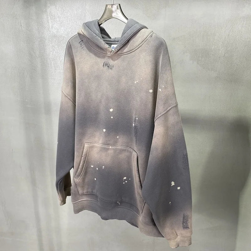 Street Wear Speckled Ink Rubbed Hooded Hoodies Fashion Sense Distressed Winter Coat Men&