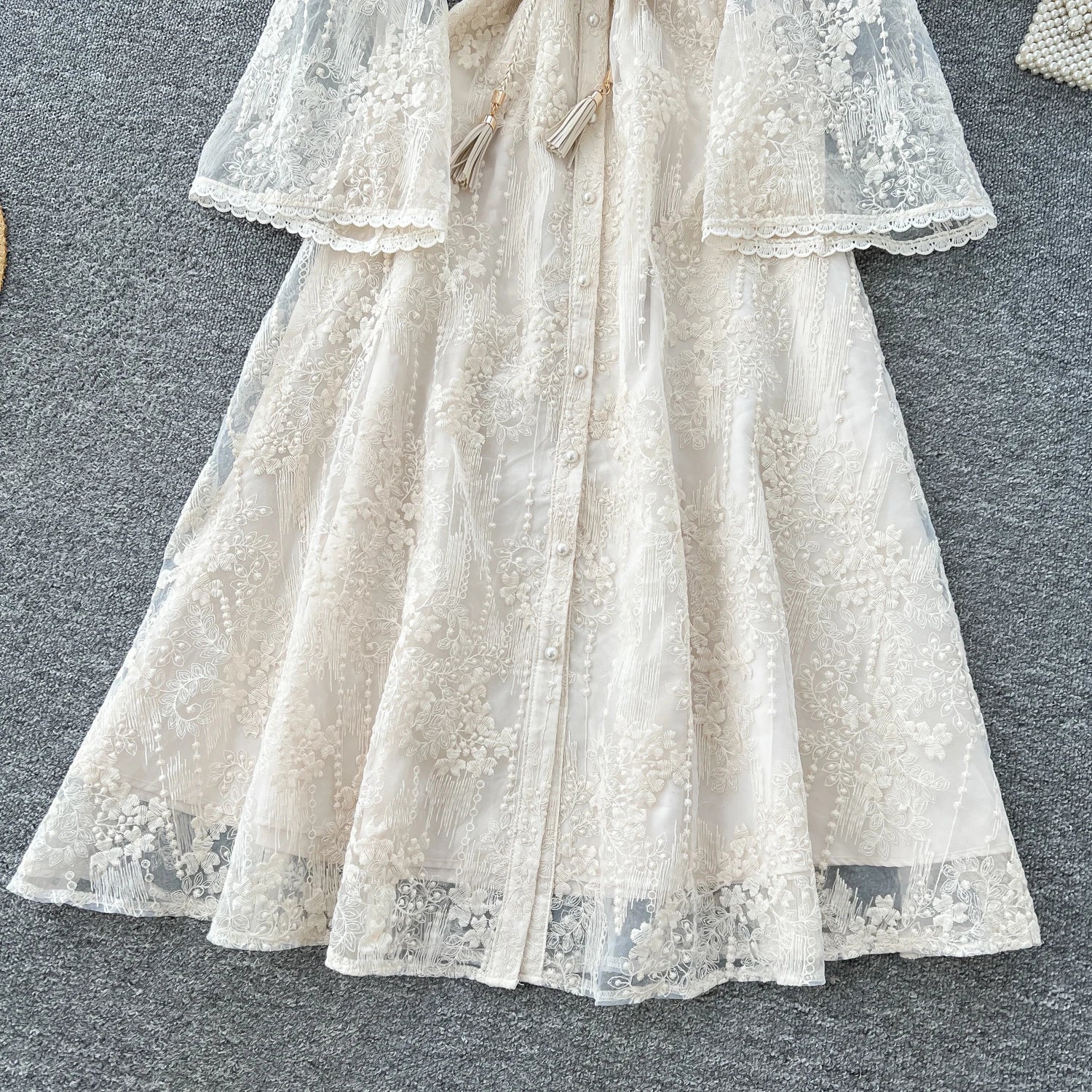 French Luxury Fashion Flower Mesh Embroidery Dress High Quality Women Stand Long Flare Sleeve Ruffles Belt Party Long Vestidos
