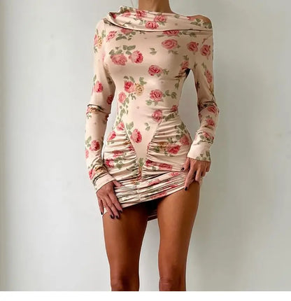 French Style Is Beautiful and Pure, Classical Artist Floral Pleated Slanted Shoulder Long-sleeved Dress Women&