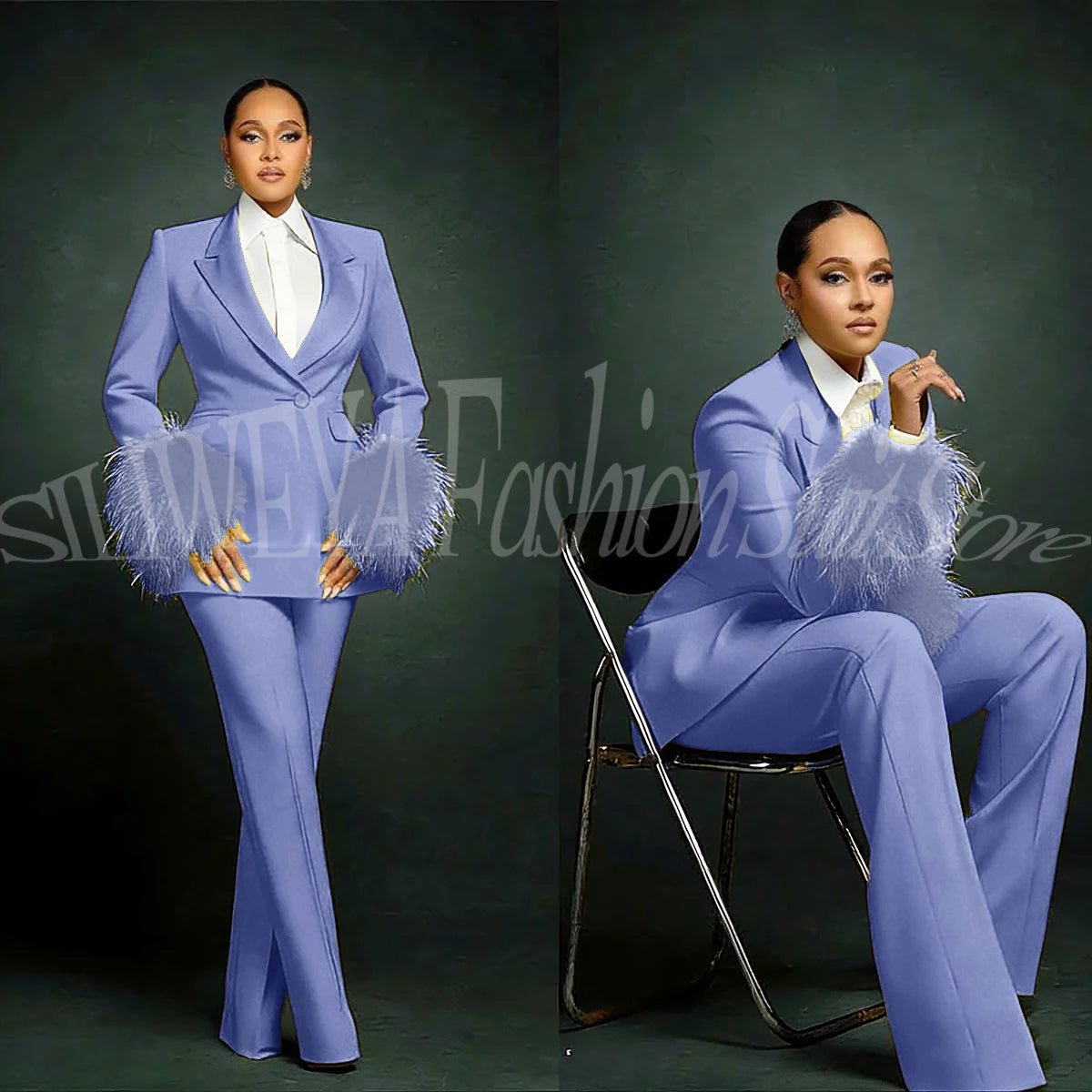 Fashion Chic Suits For Women Luxury Feather Applique Single Breasted 2 Pieces Female Suit (Blazer+Pants) Conjuntos De Pantalones