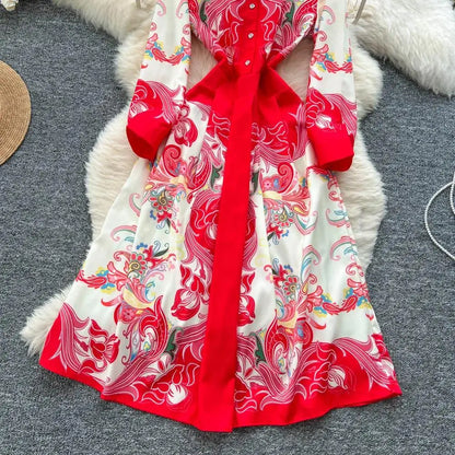 Fashion High-End Feeling Gown Dress Elegant European Court Style Long Printed Slimming New Women&