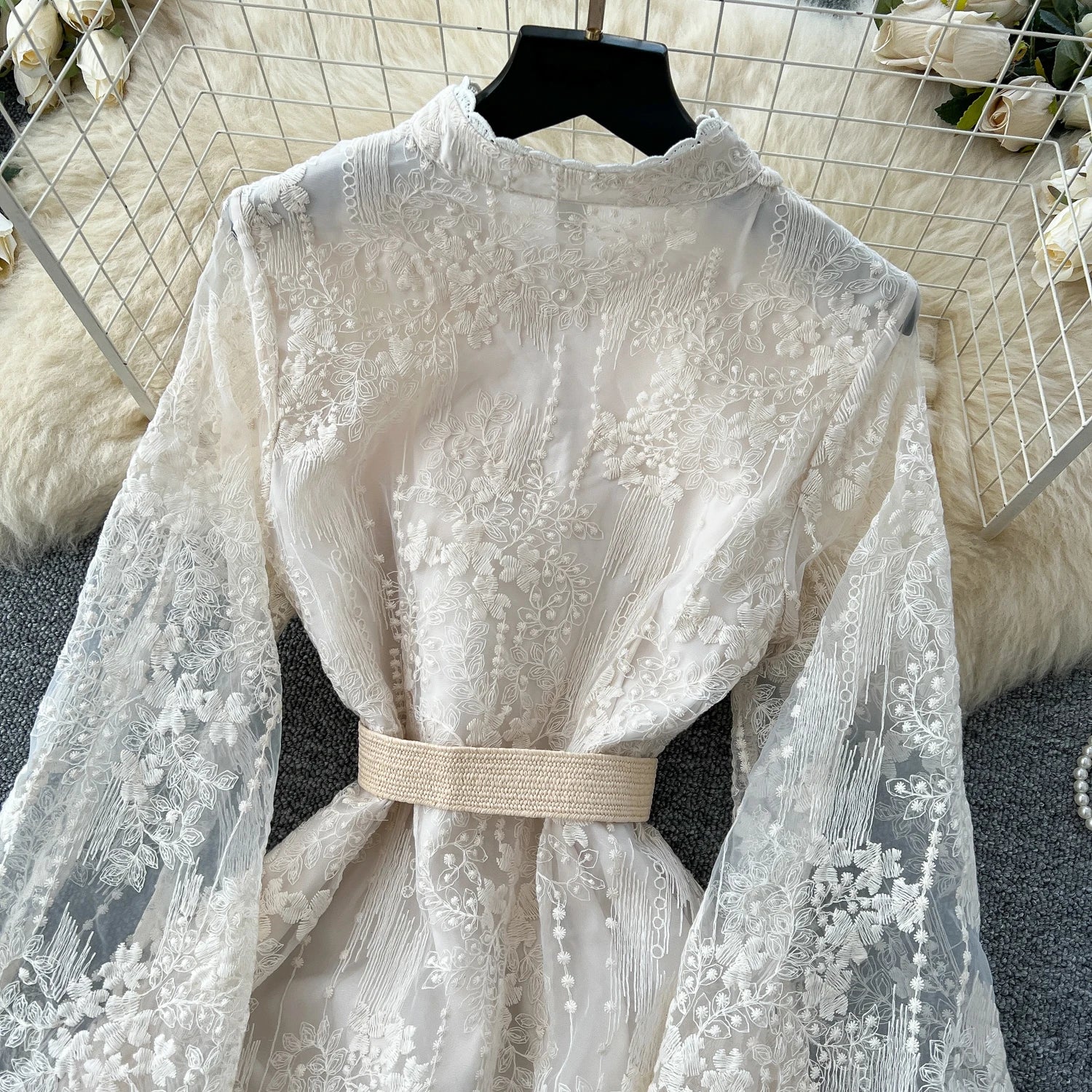 French Luxury Fashion Flower Mesh Embroidery Dress High Quality Women Stand Long Flare Sleeve Ruffles Belt Party Long Vestidos