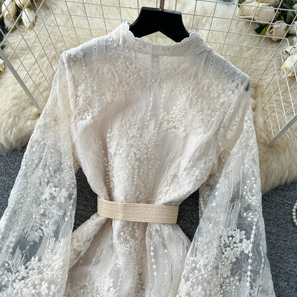 French Luxury Fashion Flower Mesh Embroidery Dress High Quality Women Stand Long Flare Sleeve Ruffles Belt Party Long Vestidos