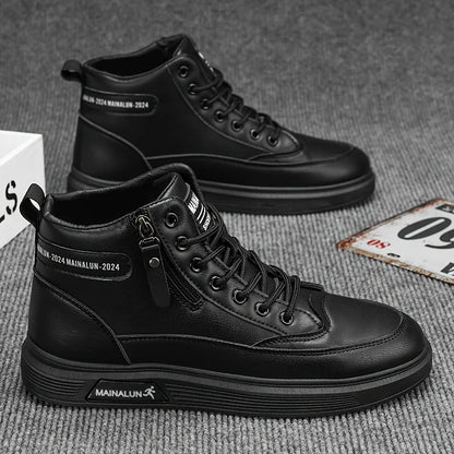 High-Top Sneakers for Men Designed for All Seasons, Featuring a Non-Slip PU Sole And a White Laceless Design Suitable for Urban