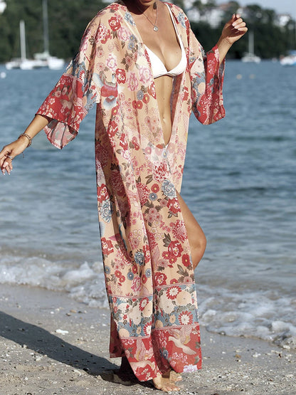 Floral Print Bikini Sexy Cover Up For Beach Long Kimonos Bikini Cover Up Robe de Plage Sarong Beach Swimsuit Cardigans Cover-ups