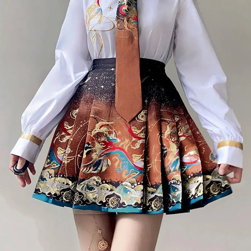2024 New Fashion Chinese Style Retro Summer Printed Pleated Lace Up Women&