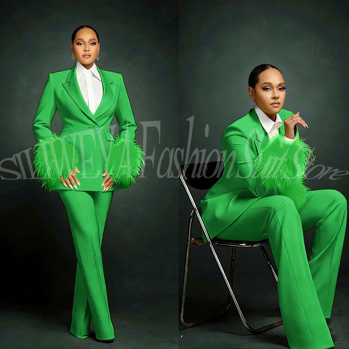 Fashion Chic Suits For Women Luxury Feather Applique Single Breasted 2 Pieces Female Suit (Blazer+Pants) Conjuntos De Pantalones