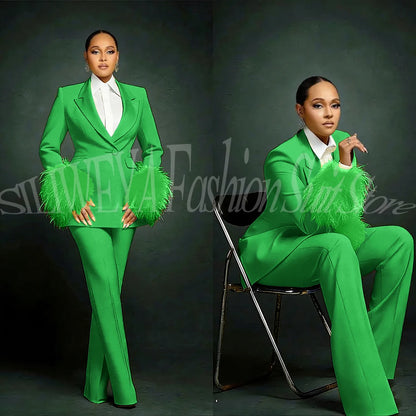 Fashion Chic Suits For Women Luxury Feather Applique Single Breasted 2 Pieces Female Suit (Blazer+Pants) Conjuntos De Pantalones