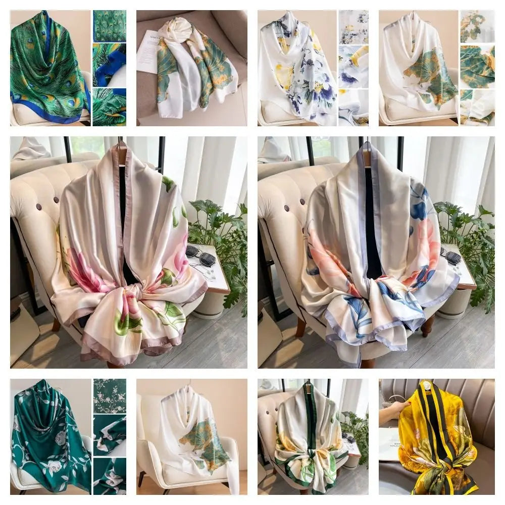 Fashion Korean Luxury Silk Scarf Elegant Lotus Pattern Chiffon Shawl Wrap Soft Printing Women Hijab Shawls Female