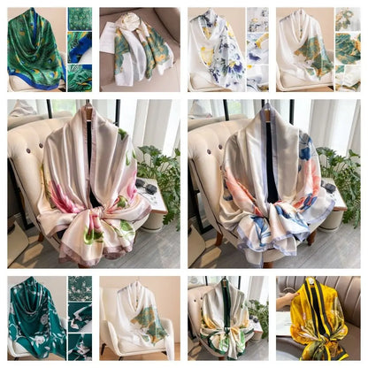 Fashion Korean Luxury Silk Scarf Elegant Lotus Pattern Chiffon Shawl Wrap Soft Printing Women Hijab Shawls Female