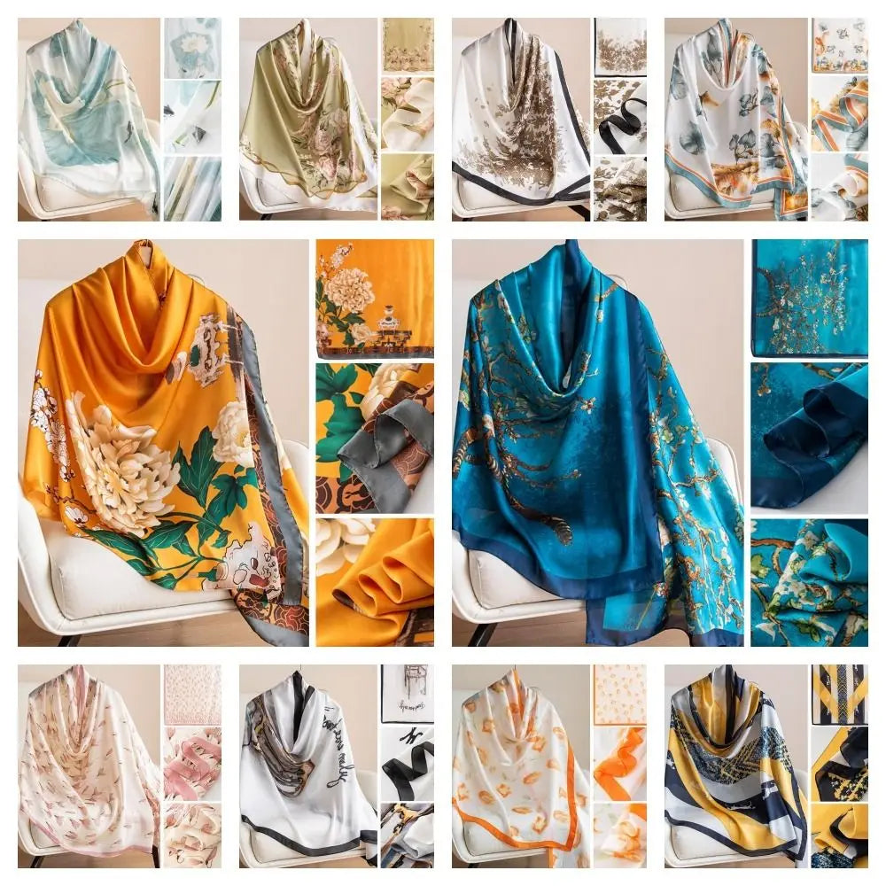 Fashion Korean Luxury Silk Scarf Elegant Lotus Pattern Chiffon Shawl Wrap Soft Printing Women Hijab Shawls Female