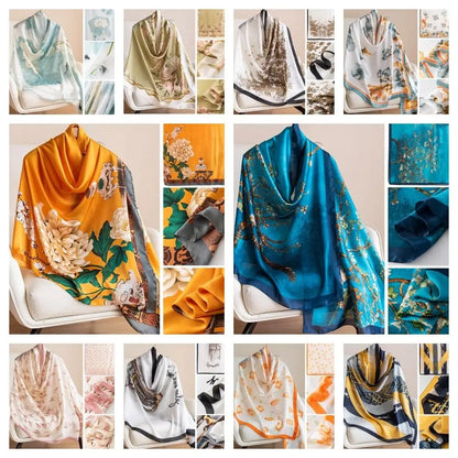 Fashion Korean Luxury Silk Scarf Elegant Lotus Pattern Chiffon Shawl Wrap Soft Printing Women Hijab Shawls Female