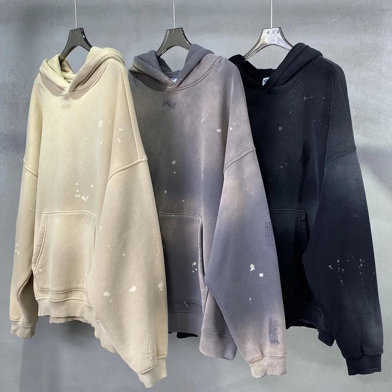 Street Wear Speckled Ink Rubbed Hooded Hoodies Fashion Sense Distressed Winter Coat Men&