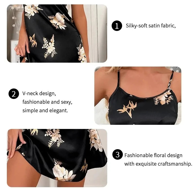 Women Nightwear Home Clothes Sexy Black Floral Printing Nightdress Sleepwear Nightshirts Silk Sleepshirts Nightgowns For Woman