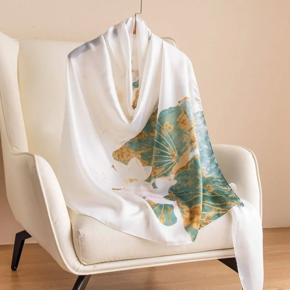 Fashion Korean Luxury Silk Scarf Elegant Lotus Pattern Chiffon Shawl Wrap Soft Printing Women Hijab Shawls Female