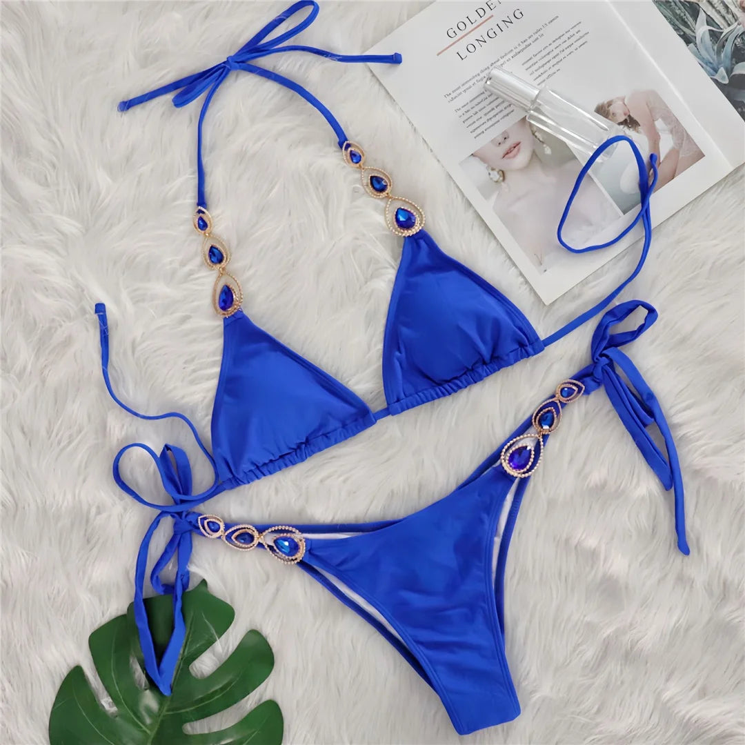 Sexy Diamond Rhinestones Scrunch Butt Bikini Women Swimwear Female Swimsuit Two-pieces Bikini set Bather Bathing Suit Swim V6149