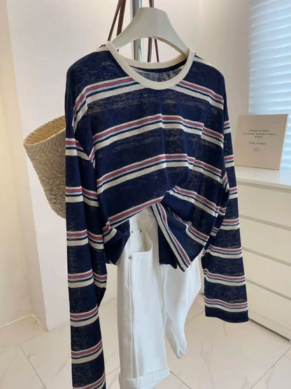 Women Clothes Spring Autumn Fashion Simplicity All-match Striped Color Blocking O-neck Ladies Appear Thin Lazy Wind Long Sleeve