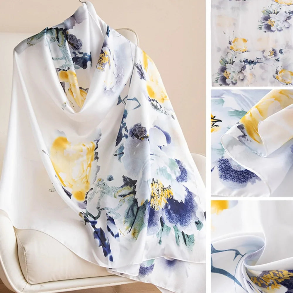 Fashion Korean Luxury Silk Scarf Elegant Lotus Pattern Chiffon Shawl Wrap Printing Soft Women Hijab Shawls Female