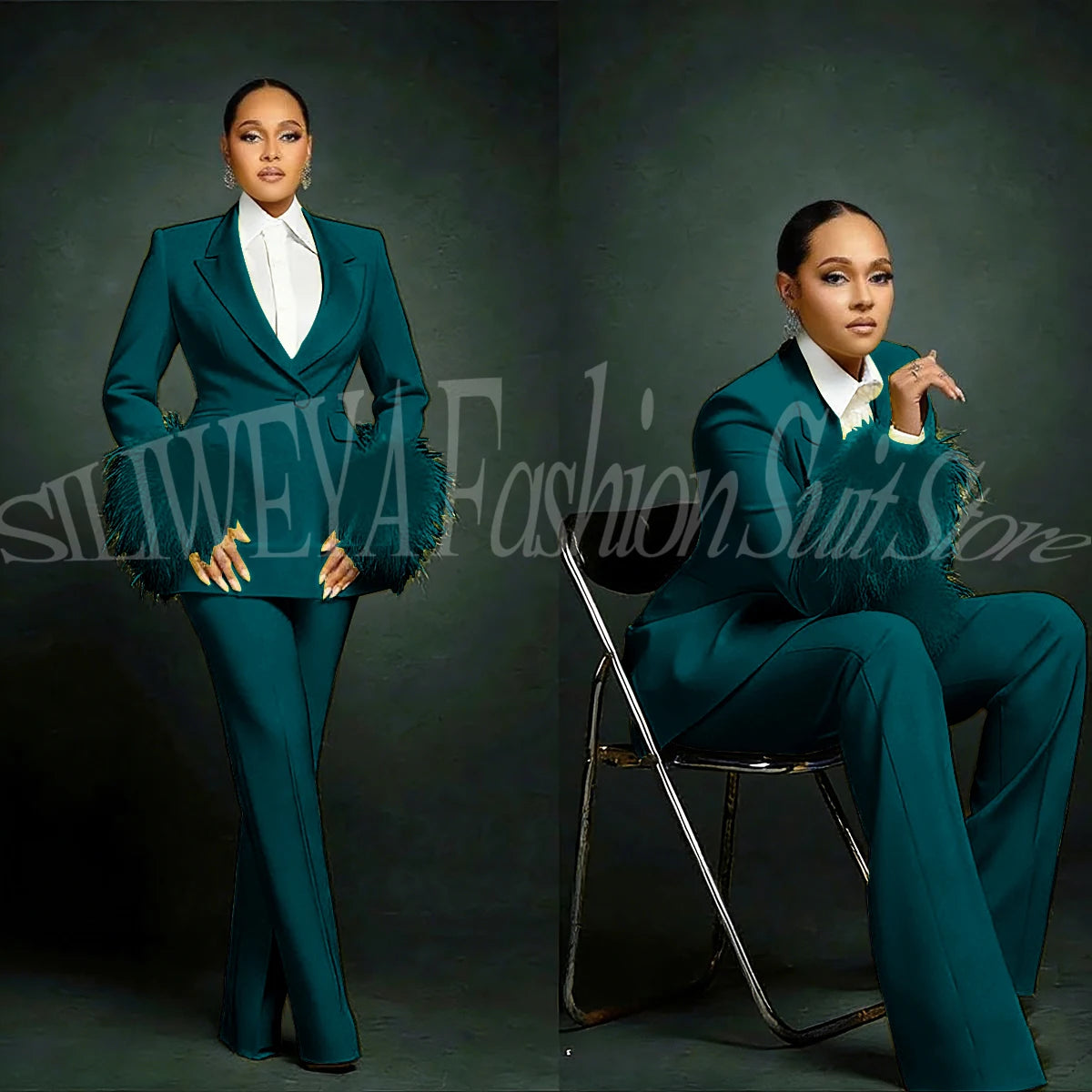 Fashion Chic Suits For Women Luxury Feather Applique Single Breasted 2 Pieces Female Suit (Blazer+Pants) Conjuntos De Pantalones
