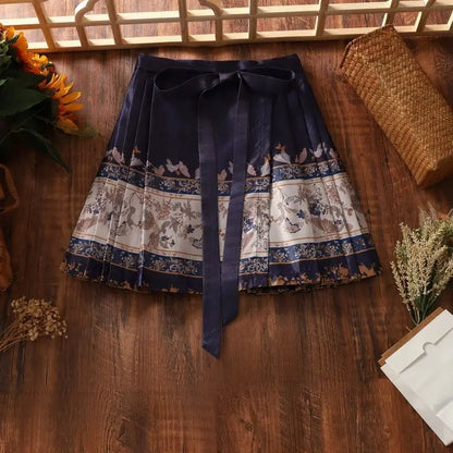 2024 New Fashion Chinese Style Retro Summer Printed Pleated Lace Up Women&