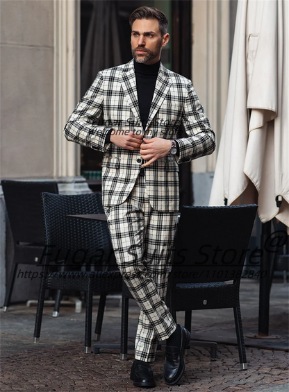 Fashion French style Plaid Groom Wedding Tuxedos Customized Slim Fit Notched Lapel Men Suits Male Prom Blazers Costume Homme