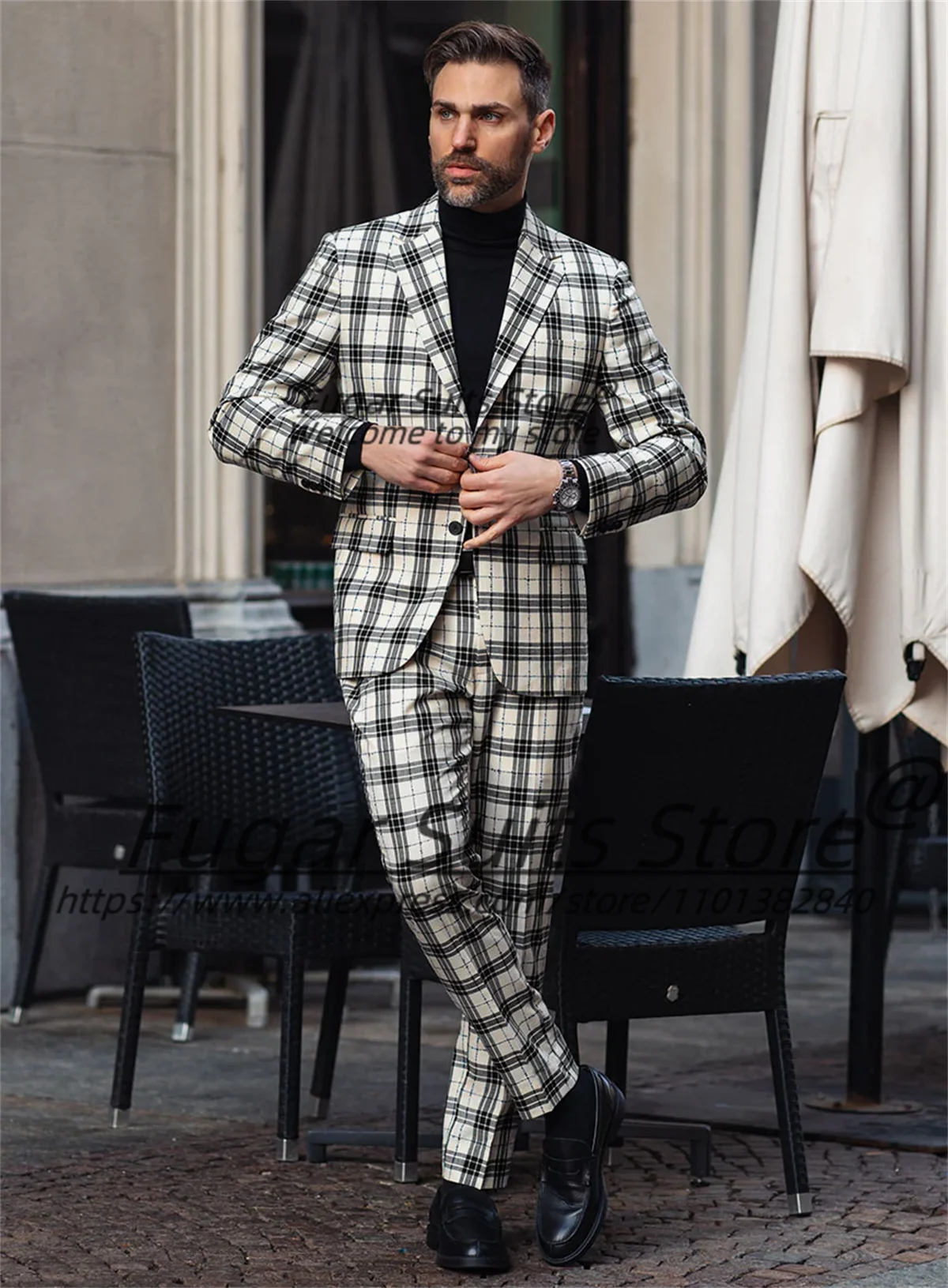 Fashion French style Plaid Groom Wedding Tuxedos Customized Slim Fit Notched Lapel Men Suits Male Prom Blazers Costume Homme