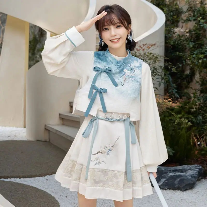 2024 New Fashion Chinese Style Retro Summer Printed Pleated Lace Up Women&