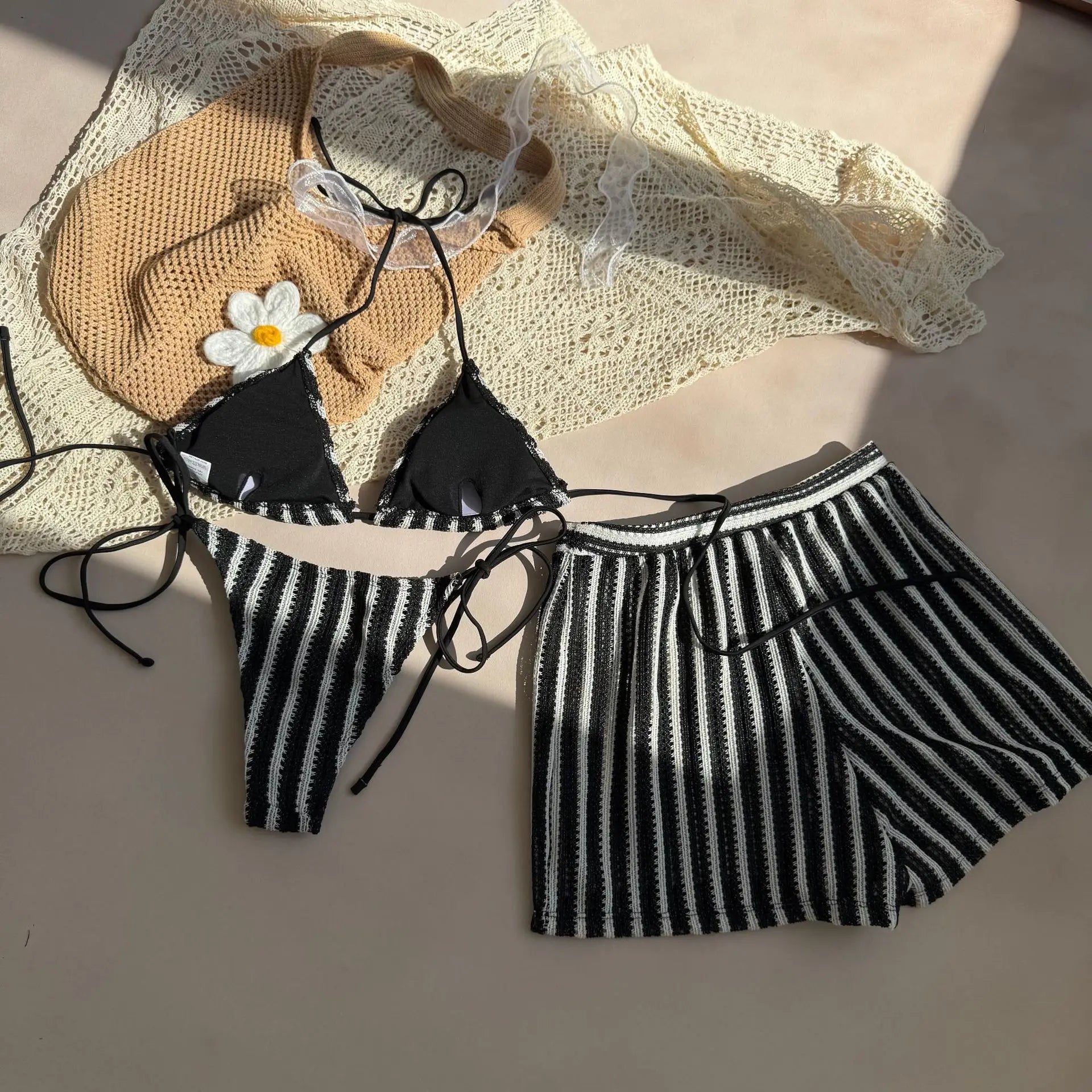 2026 Striped 3 Piece Bikini Set Sexy Women Swimwear with Skirt Bathing Suit Women&