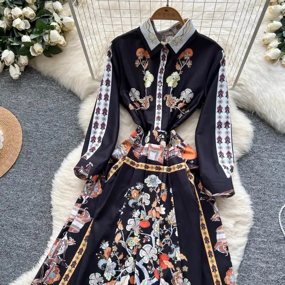 Fashion High-End Feeling Gown Dress Elegant European Court Style Long Printed Slimming New Women&