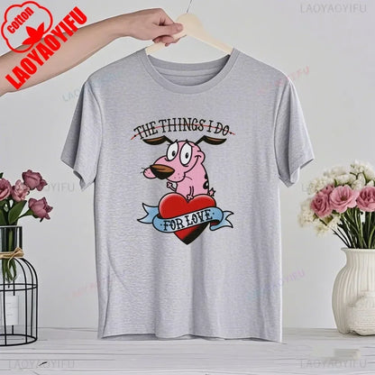 90‘s Cartoon Courage The Cowardly Dog Graphic TShirt Retro Street Fashion Summer Clothing Tops Gift Men Women Couple Cotton Tees