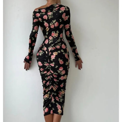 French Style Is Beautiful and Pure, Classical Artist Floral Pleated Slanted Shoulder Long-sleeved Dress Women&