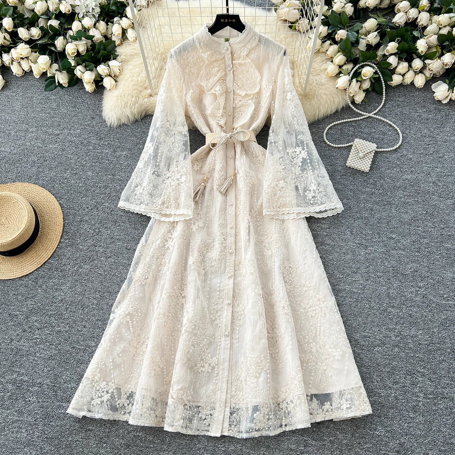 French Luxury Fashion Flower Mesh Embroidery Dress High Quality Women Stand Long Flare Sleeve Ruffles Belt Party Long Vestidos